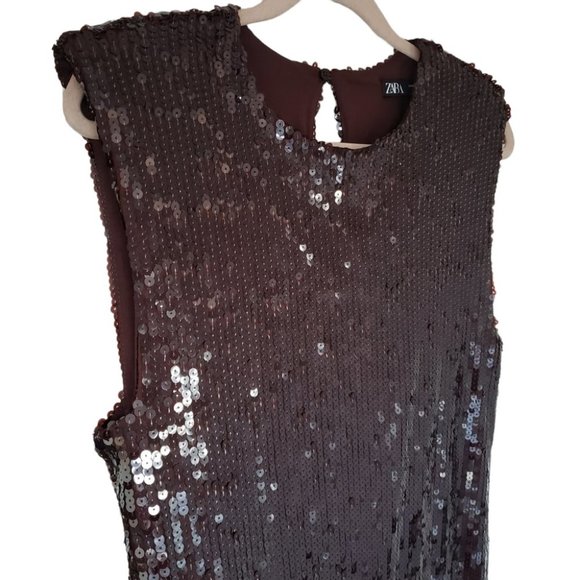 𝅺NWT Zara brown sequin sleeveless straight cut party evening midi dress - Picture 8 of 10